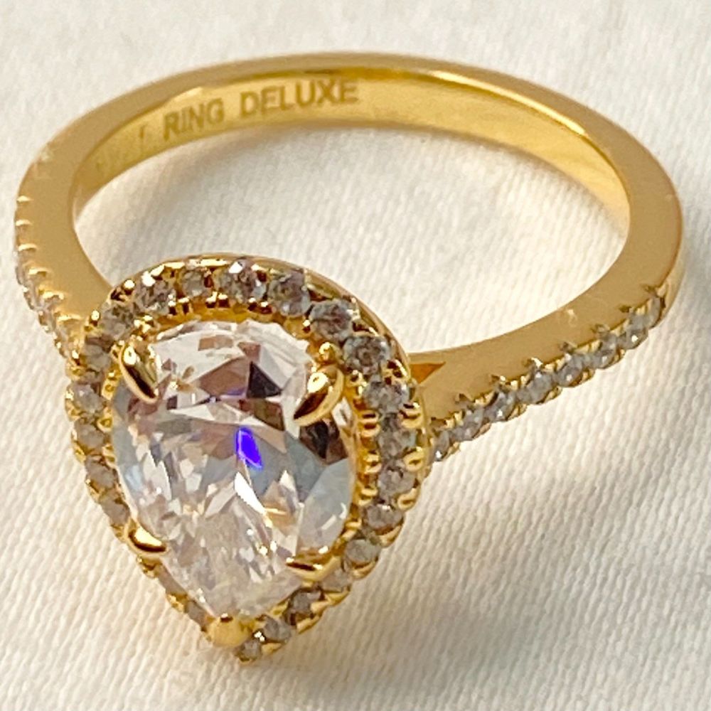 💎925 Ring Delux Gold Tone Pear Shape Stone Tiny Rhinestone Trim